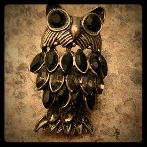 Owl Ring Black Silver Rhinestones Hypoallergenic